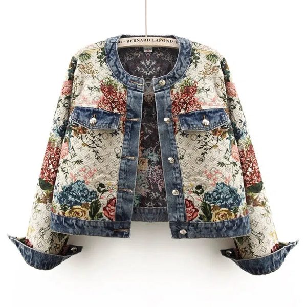 Round Neck Jacquard Denim Jacket