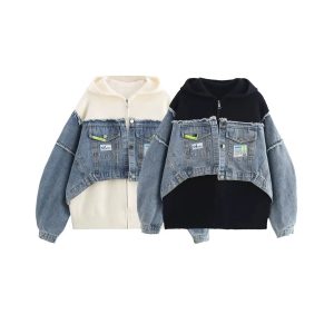 Denim Patchwork Hooded Coat