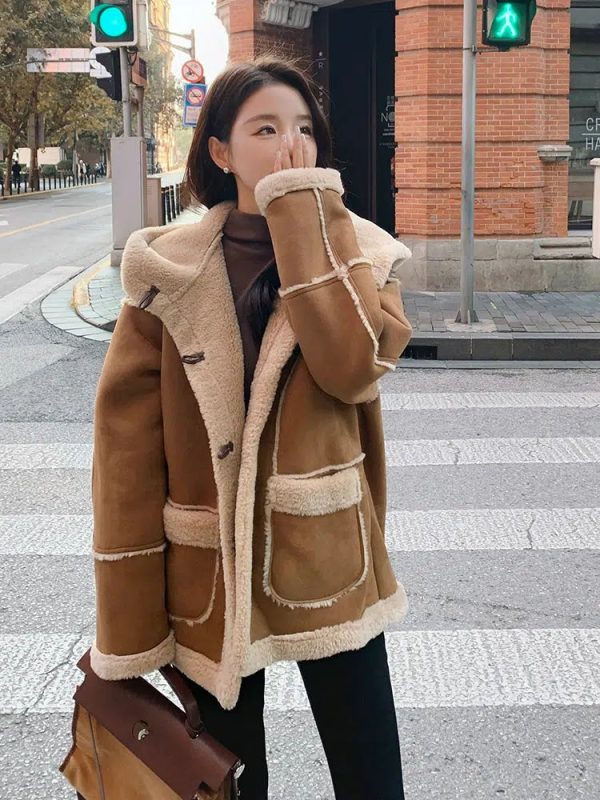 Hooded Suede Lamb Wool Winter Jacket - Image 3