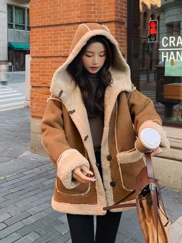 Hooded Suede Lamb Wool Winter Jacket - Image 2