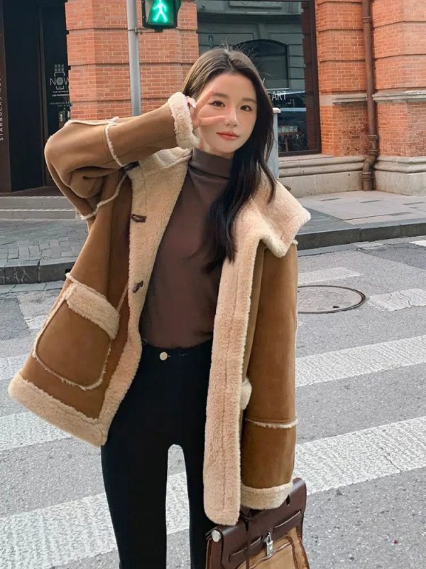 Hooded Suede Lamb Wool Winter Jacket - Image 4
