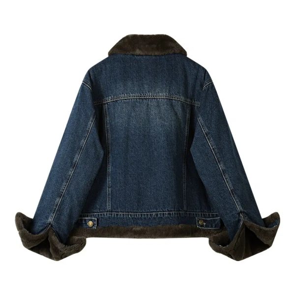 Buckle Collar Faux Fur Lined Denim Coat - Image 2