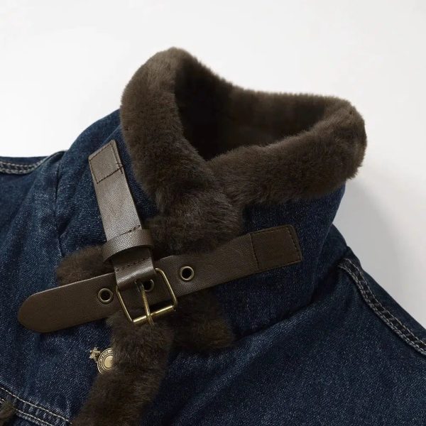 Buckle Collar Faux Fur Lined Denim Coat - Image 3