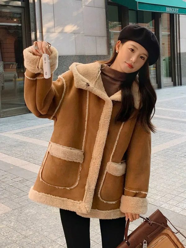 Hooded Suede Lamb Wool Winter Jacket - Image 5