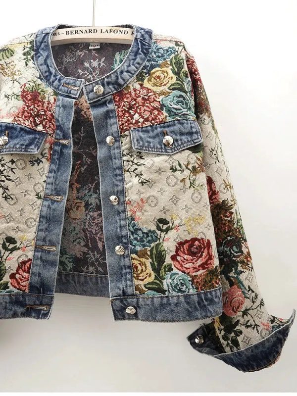Round Neck Jacquard Denim Jacket - Image 3
